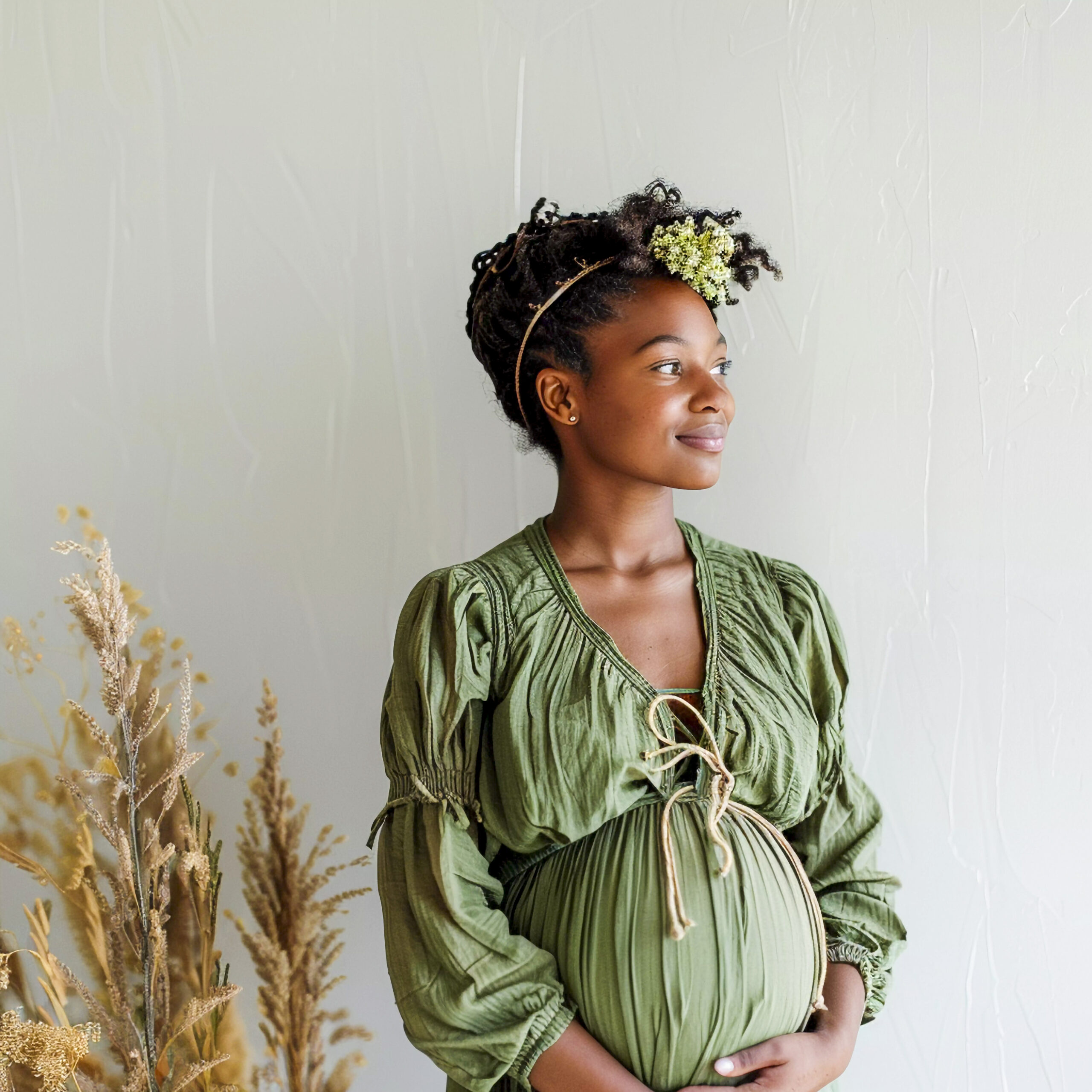 A pregnant woman stands in a soft-lit room, wearing a green dress and flower headband. She gazes to the side with a serene expression.