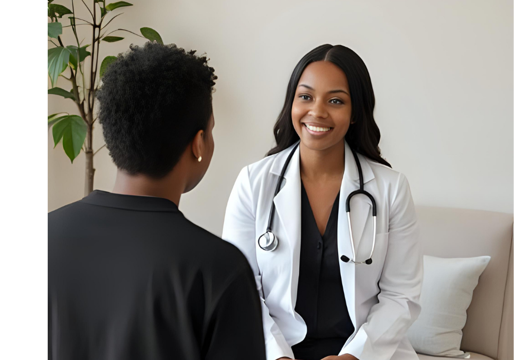 A doctor with a stethoscope smiles while talking to a patient seated across from her in a well-lit office with a plant in the background.